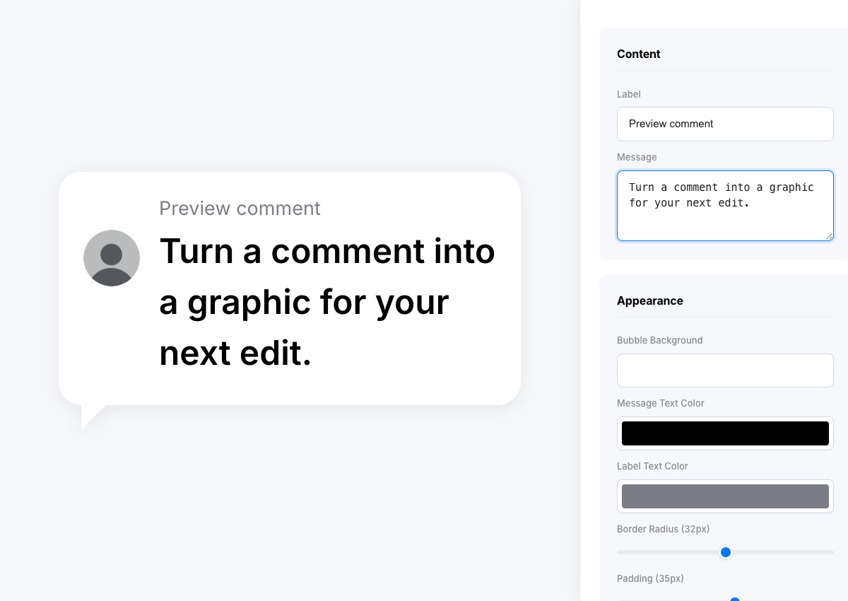 Actual Comment Graphics Generator interface with example copy